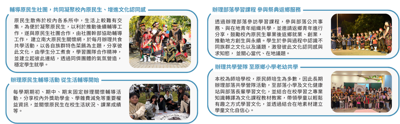 本校透過原民生社團合作，辦理共食共學活動，促進文化認同與團隊合作。定期舉辦關懷輔導，提供獎助學金與學業支援。學生參與部落學習課程及返鄉服務，推動地方創生。部落共學營隊活動則將專業知識轉為文化課程，幫助學童建立文化自信心。