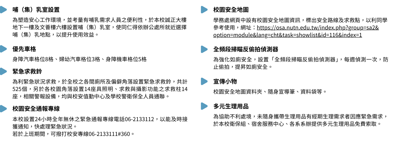 本校設置哺乳室、優先車格、緊急求救鈴及求救柱；提供24小時安全通報專線，並設校園安全地圖及反偷拍偵測器。此外，發放校園安全宣導小物，強化校園環境與學生、教職員的安全保障。