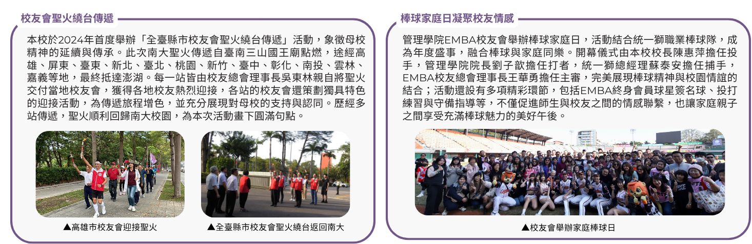 本校於2024年首度舉辦「全臺縣市校友會聖火繞台傳遞」活動，各站校友會皆精心策畫具地方特色的迎接活動，為聖火傳遞歷程增添亮點，歷經多站傳遞，聖火最終順利回歸南大校園。另由管理學院EMBA校友會舉辦之棒球家庭日，結合統一獅職業棒球隊，深化師生與校友間的情感交流。